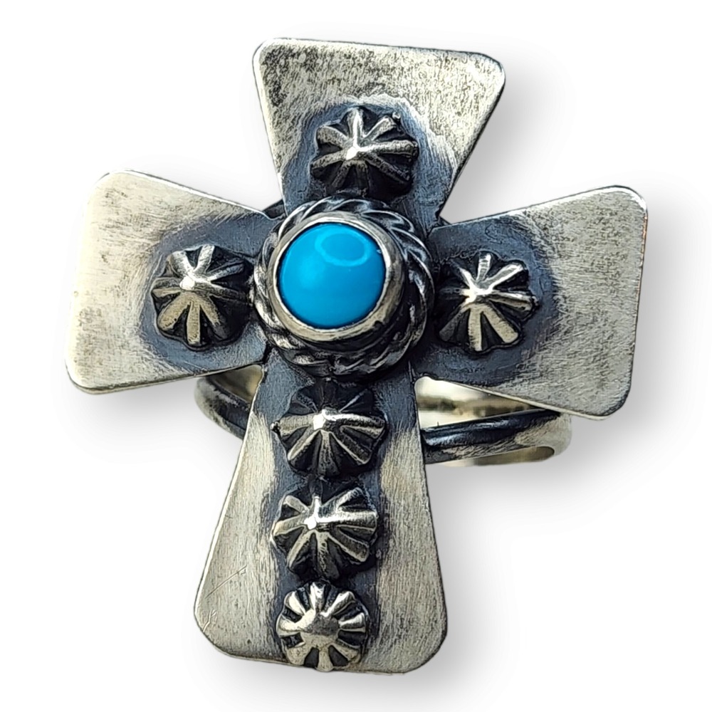 Running Bear Sterling Silver 925 Sleeping Beauty Turquoise Cross Ring Size‎ 9 - Picture 5 of 9